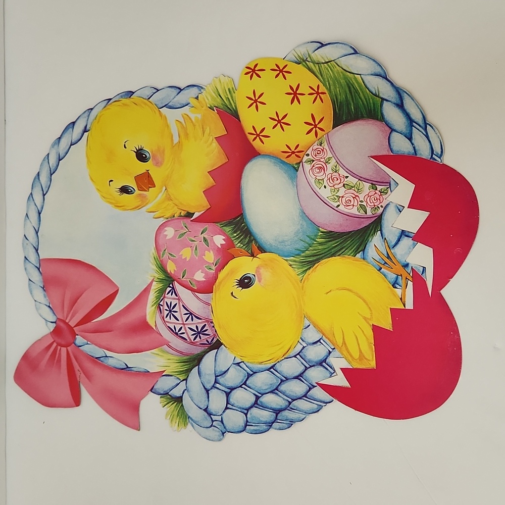Vintage Easter Chicks Basket Die Cut Paper Decoration USA